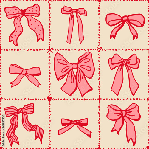 Seamless Christmas pattern with various bow knots, gift ribbons. Trendy hair braiding accessory. Hand drawn vector illustration. Holiday background, wrapping paper.