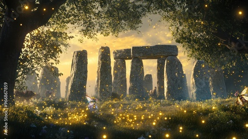 A tranquil fantasy scene at Stonehenge, surrounded by an enchanted forest, with ancient stones glowing softly as fairies and woodland creatures gather and illuminate with magical floating lights.