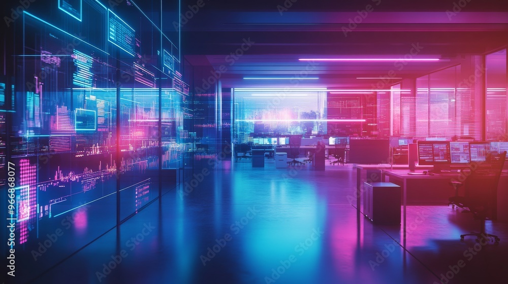 Fototapeta premium An innovative office environment features a futuristic design illuminated with neon colors, showcasing digital data overlays that enhance the cyberpunk aesthetic