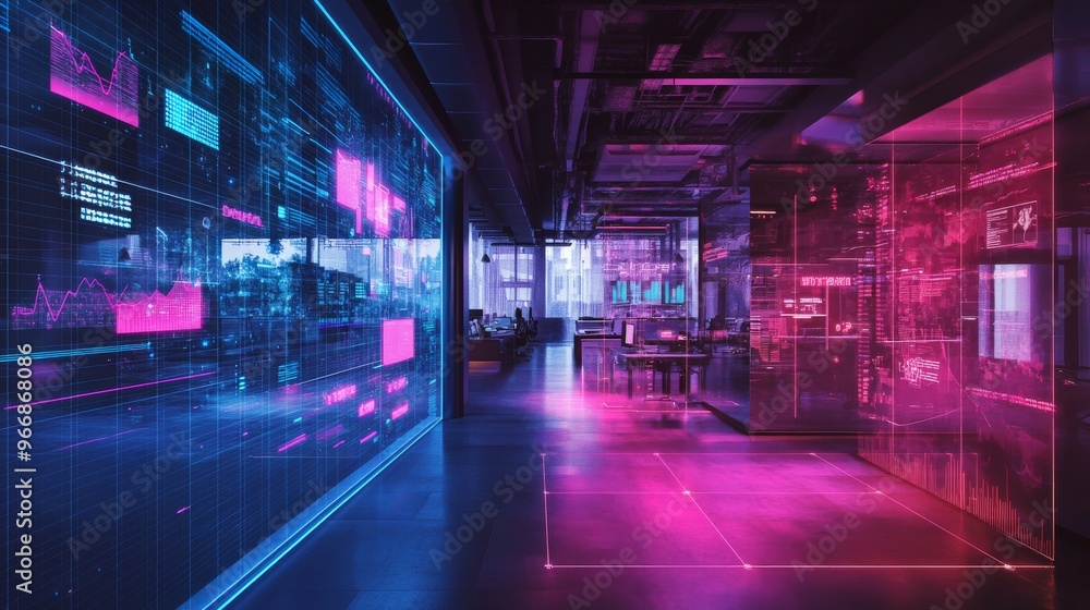 A spacious open office showcases vibrant neon colors and digital data overlays, creating a dynamic work atmosphere with a futuristic appeal A spacious open office showcases vibrant neon colors and digital data overlays, creating a dynamic work atmosphere with a futuristic appeal