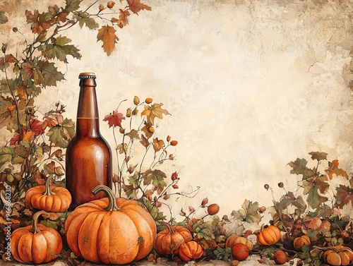 Artistic beer bottle label design featuring pumpkins and fall harvest, ideal for seasonal craft brews