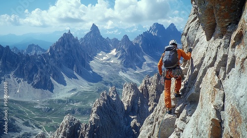 8. A climber navigating a narrow, jagged path along a rocky ridge, with safety ropes and carabiners attached to the cliffside. The background shows rugged mountain peaks and a deep valley below,