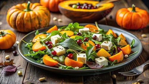 Seasonal autumn salad with feta cheese and arugula in pumpkin Halloween culinary decorations for restaurant menu close-up