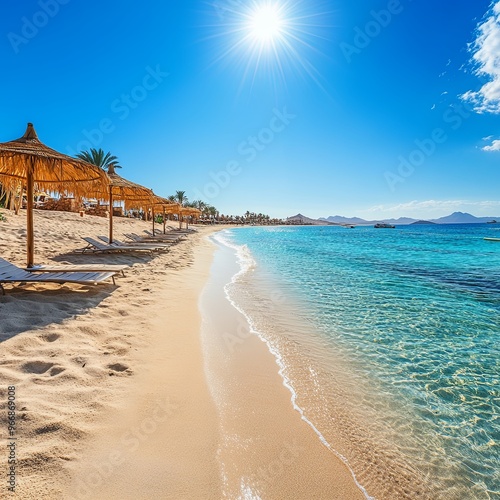 Sunny resort beach on the Red Sea in Sharm el Sheikh, Sinai, Egypt