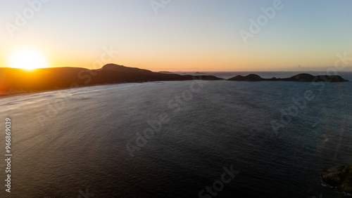 Sunrise aerial photos over Lucky Bay camp ground in Cape Le Grand national park, Esperance Western Australia