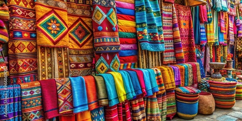 Vibrant textile patterns and bright hues of turquoise, yellow, and red adorn a bustling market stall in a sun-kissed South American town.