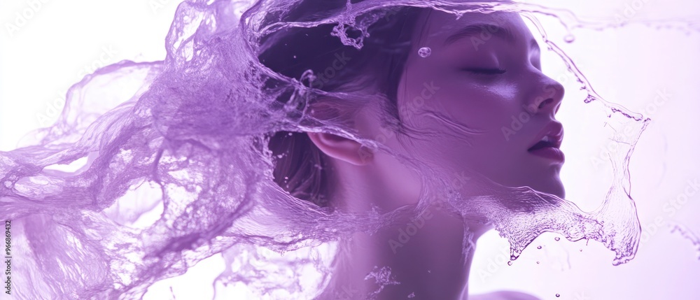 Fototapeta premium Woman's Face Half Submerged in Lavender Water Splashes