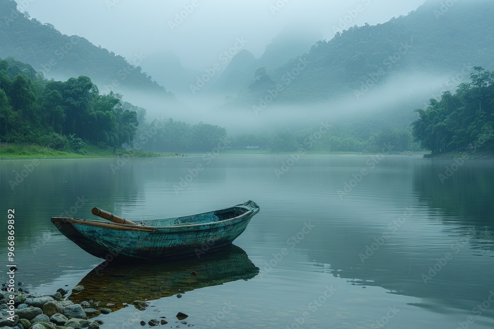 Fototapeta premium A wooden boat rests on the still waters of a lake, shrouded in mist. The misty mountains in the background create a serene and mysterious atmosphere.