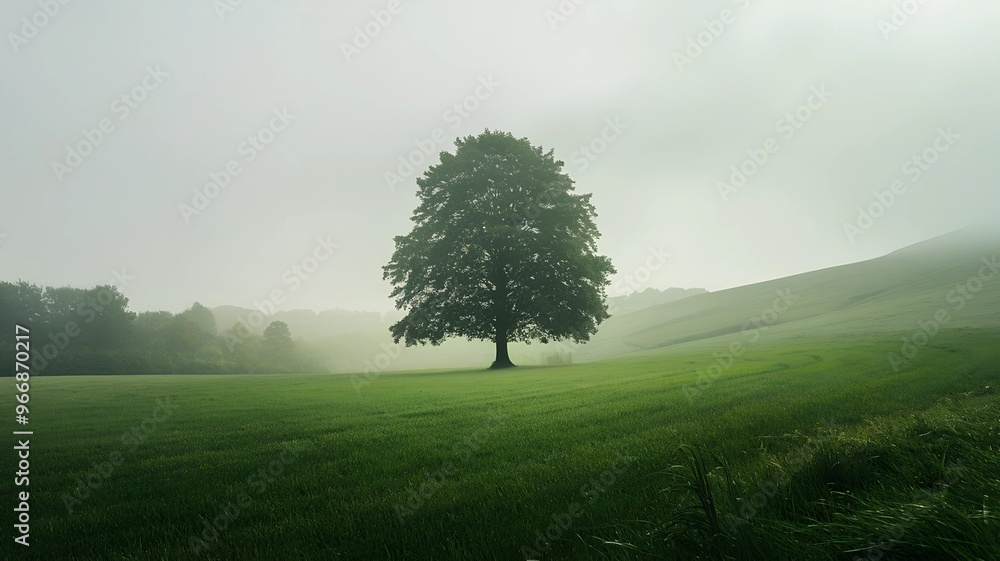 Fototapeta premium alone tree on green grass field with green hill background and soft mist
