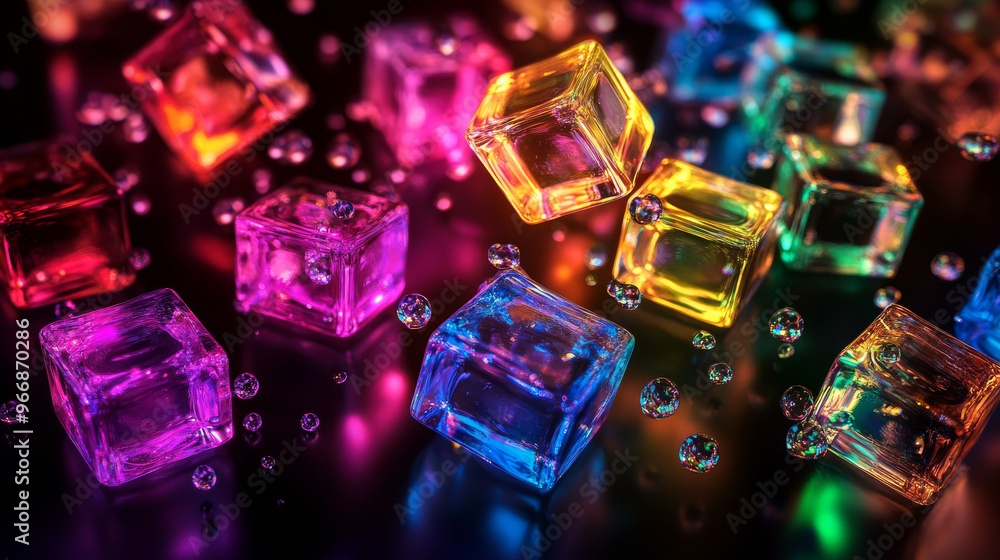 Shiny, colorful glass cubes with rainbow light effects are shown against a black background. These cubes are 3D and seem to be rotating, creating a dazzling display. Shiny, colorful glass cubes with rainbow light effects are shown against a black background. These cubes are 3D and seem to be rotating, creating a dazzling display.
