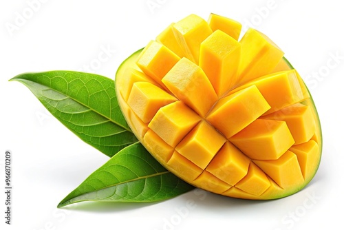 Vibrant yellow mango slice with a creative, stylized green leaf-shaped logo embedded in the center, isolated on a clean white background, evoking tropical freshness.