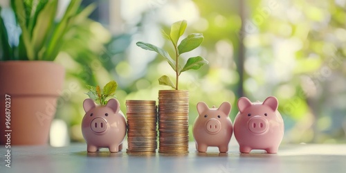 Wallpaper Mural business finance and saving money investment , Money coin stack growing graph with piggy bank saving concept. plant growing up on coin. Balance savings and investment Torontodigital.ca