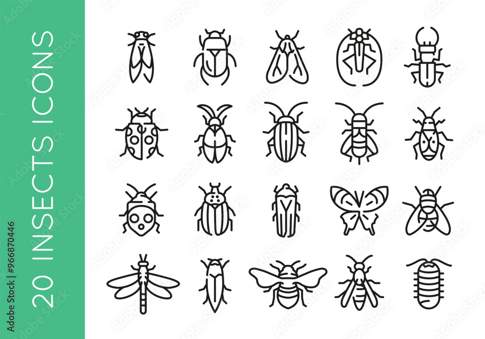 Insect icons. Set of 20 insect trendy minimal icons. Cicada, Beetle, Ladybug, Dragonfly, Butterfly icon. Design signs for web page, mobile app, packaging design. Vector illustration Insect icons. Set of 20 insect trendy minimal icons. Cicada, Beetle, Ladybug, Dragonfly, Butterfly icon. Design signs for web page, mobile app, packaging design. Vector illustration