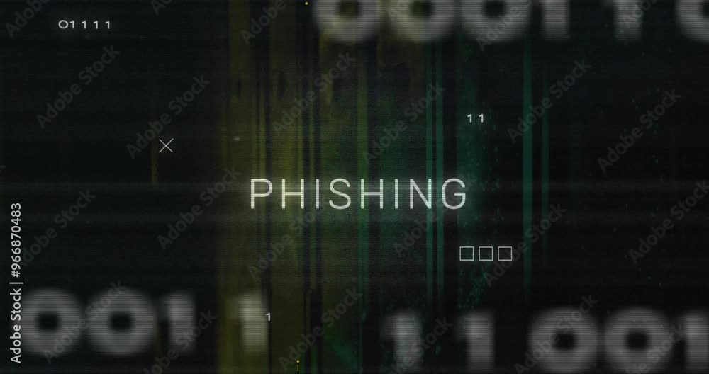 Animation of phishing text over data processing and server room Animation of phishing text over data processing and server room
