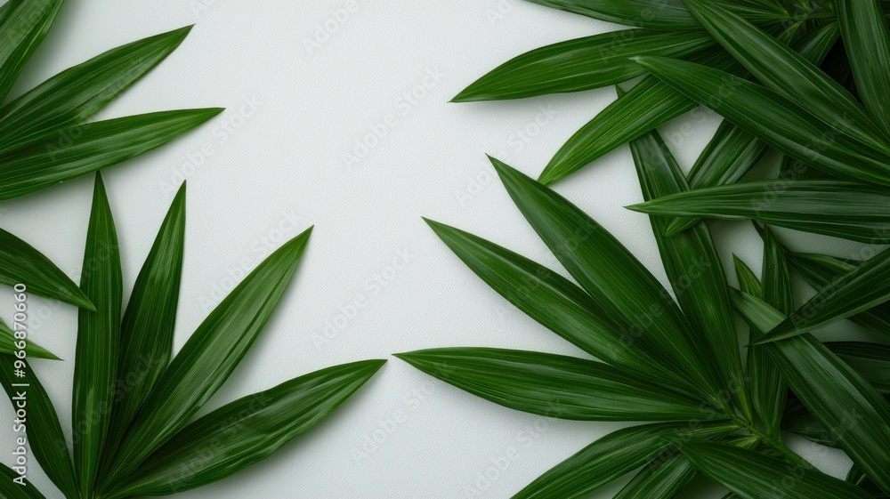 Vibrant green leaves frame a clean, white background, ideal for nature, wellness, or design themes in stock photography. Vibrant green leaves frame a clean, white background, ideal for nature, wellness, or design themes in stock photography.