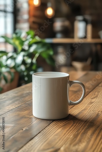 White mug on wooden table in coffee shop