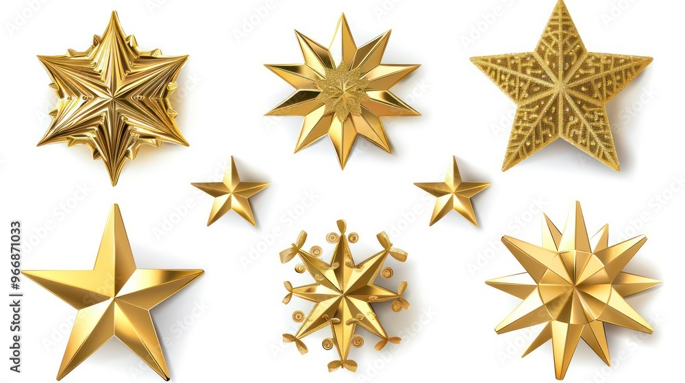 A set of seven gold stars with different designs and sizes, isolated on a white background. A set of seven gold stars with different designs and sizes, isolated on a white background.