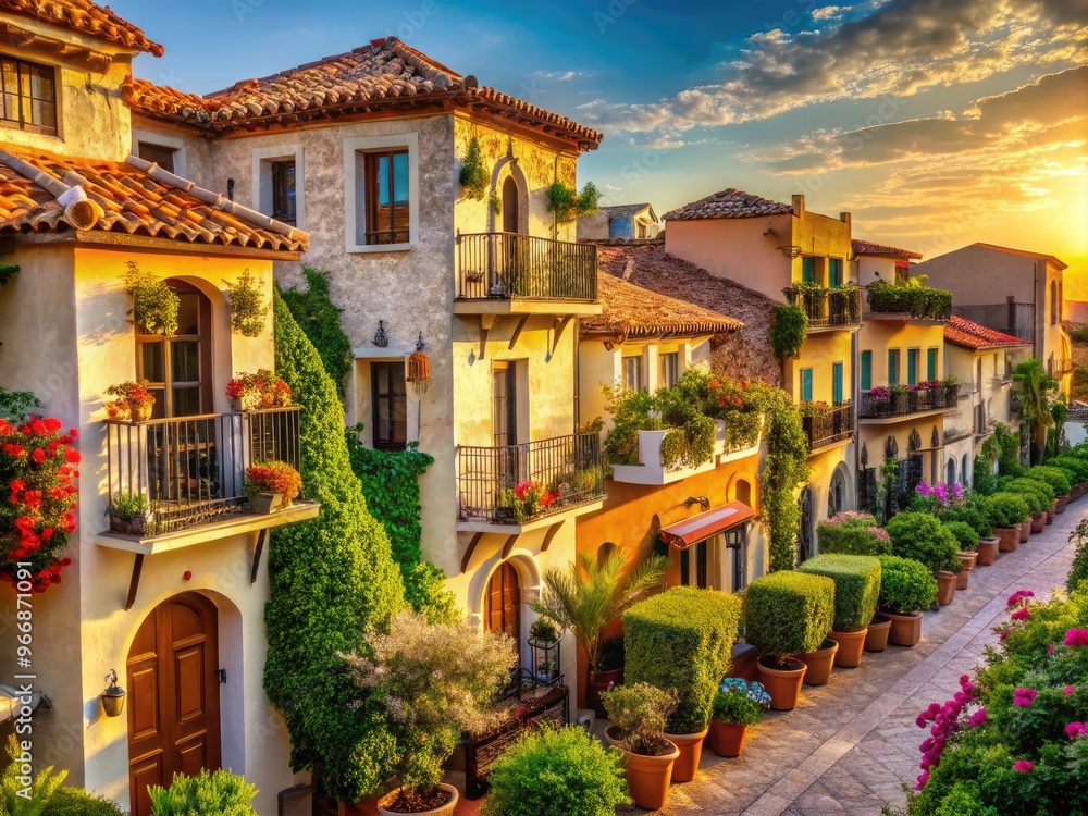 Fototapeta premium Warm sunlight illuminates a row of Mediterranean-style stucco houses with terra cotta roofs, ornate balconies, and lush greenery in a quaint southern European town.