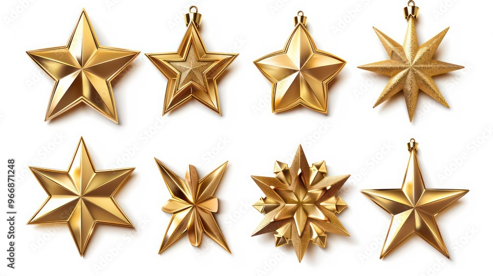 Set of eight golden star ornaments isolated on white background. Set of eight golden star ornaments isolated on white background.