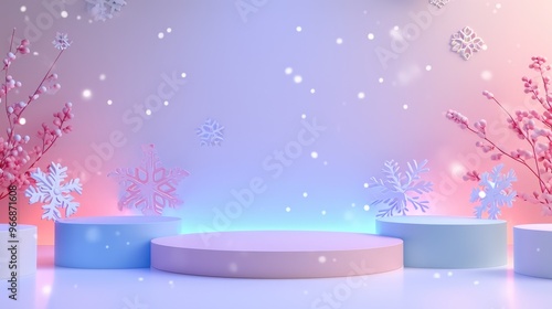 Obraz na płótnie Charming three pink and blue podiums with snow decor and winter-themed background for festive product showcases w salonie