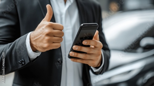 Businessman Showing Thumbs Up While Using Smartphone