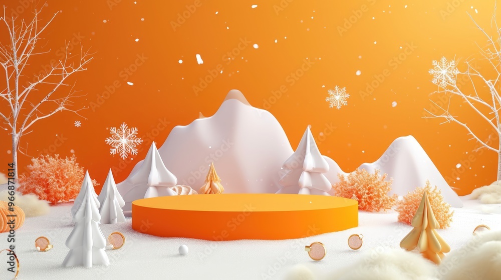 3D Bright orange podium stage with snow-capped pine trees and mountain scenery for product display