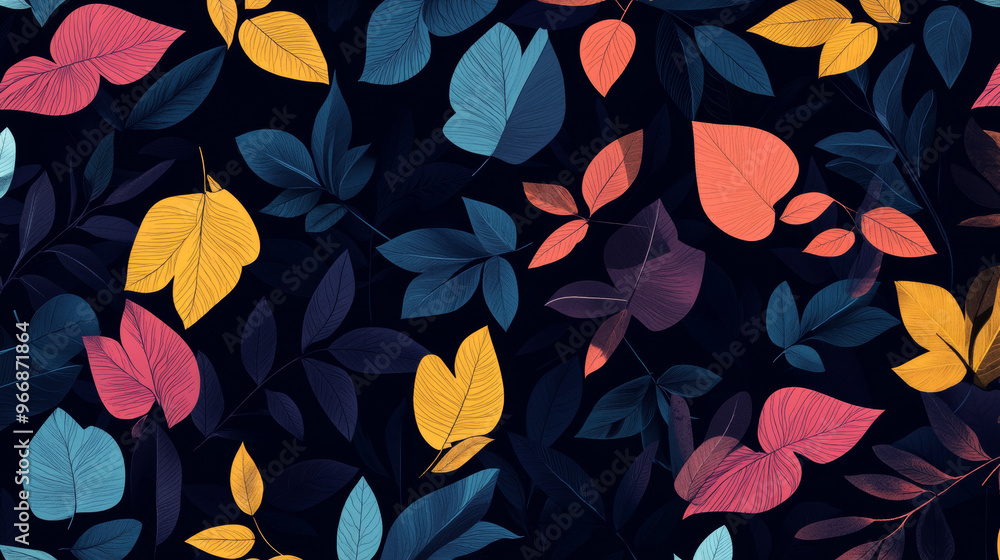 This design features a dark background with colorful, abstract leaves. It's a simple, elegant pattern that could be used for branding materials. This design features a dark background with colorful, abstract leaves. It's a simple, elegant pattern that could be used for branding materials.