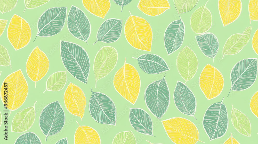 This design features a repeating pattern of light green and yellow leaves, drawn in a playful, doodle style. It's perfect for creating fabrics, wallpapers, or other fun projects. This design features a repeating pattern of light green and yellow leaves, drawn in a playful, doodle style. It's perfect for creating fabrics, wallpapers, or other fun projects.