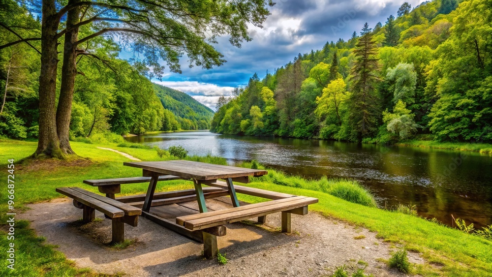 Serenene picnic spot by the Atlantic salmon river with symmetrical setup Serenene picnic spot by the Atlantic salmon river with symmetrical setup