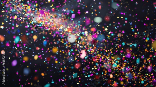 A stream of colorful confetti explodes against a black background, creating a festive and celebratory atmosphere.