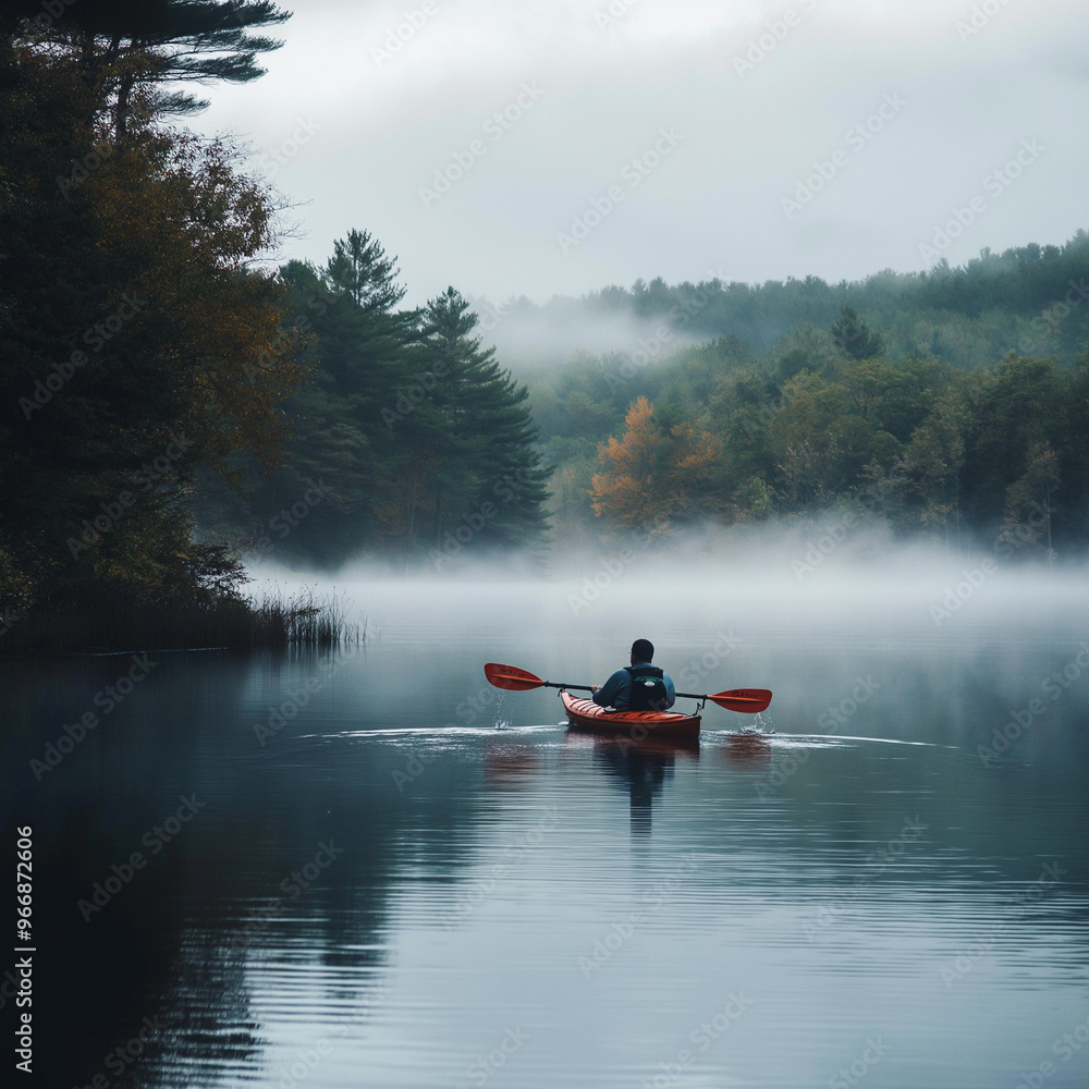 Fototapeta premium Solo kayaker paddling through a foggy morning on a lake