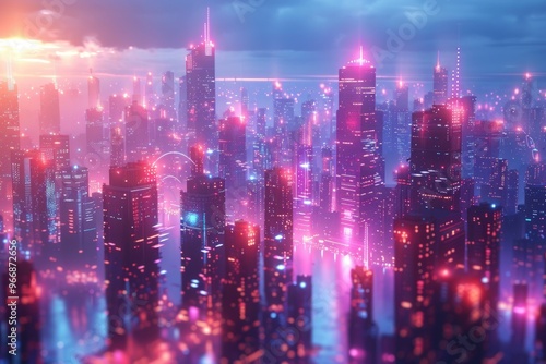 Wallpaper Mural A futuristic city skyline with neon lights and skyscrapers. Torontodigital.ca