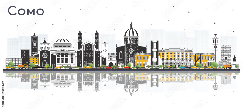 Como Italy City Skyline with Color Buildings and reflections Isolated on White. Business Travel and Concept with Historic Architecture. Como Cityscape with Landmarks. Como Italy City Skyline with Color Buildings and reflections Isolated on White. Business Travel and Concept with Historic Architecture. Como Cityscape with Landmarks.