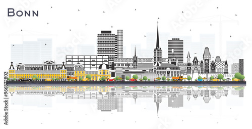 Bonn Germany City Skyline with Color Buildings and reflections Isolated on White. Business Travel and Concept with Historic Architecture. Bonn Cityscape with Landmarks.