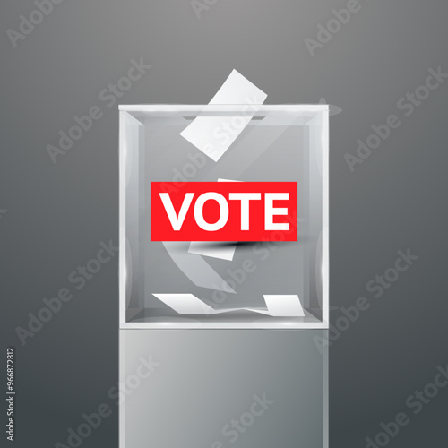 Glass ballot box on podium with text Vote on red. Voting white paper in hole. Transparent voting container with a falling ballot paper.
