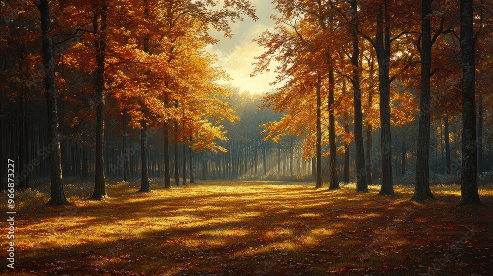 Obraz premium Sunbeams Through Autumn Trees in a Forest Clearing