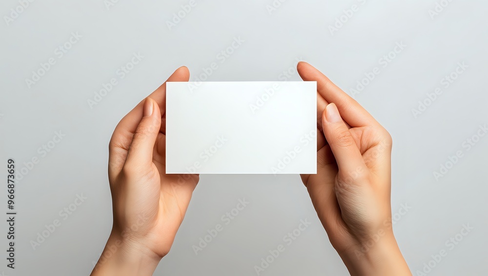 Close-up of two hands holding a blank white card. Close-up of two hands holding a blank white card.