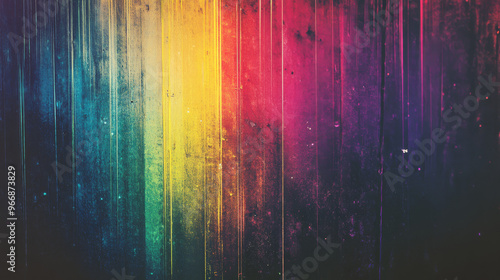 This looks like an old film with scratches, noise, and colorful streaks. It has a rainbow-like glow, blur, dust, and grain. It looks like a damaged, vintage movie effect with a 3D background. photo