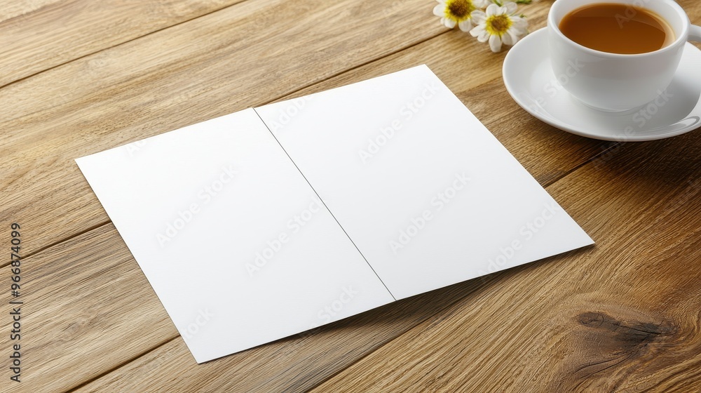 Blank White Card Mockup on Rustic Wood Table with Cup of Tea and Daisies Blank White Card Mockup on Rustic Wood Table with Cup of Tea and Daisies