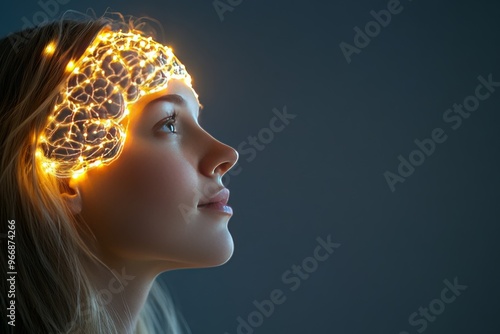 Prefrontal cortex cognitive architecture and neural pathways woman looking up with illuminated brain symbolizing neural connectivity and cognitive stimulation photo