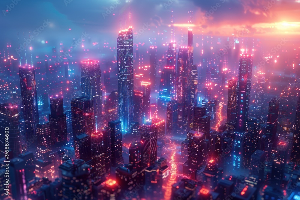 Futuristic city skyline with neon lights. Futuristic city skyline with neon lights.