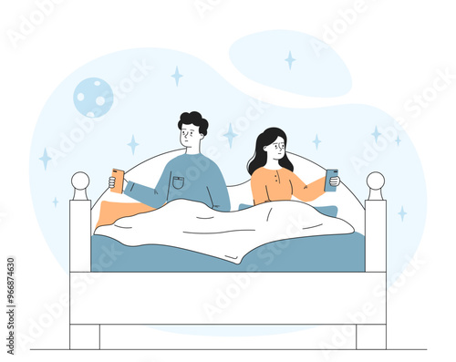 People with insomnia. Man and woman sitting on bed. Mental and psychological problems. Sleepy couple with nightmare. Stress and depression. Linear vector illustration