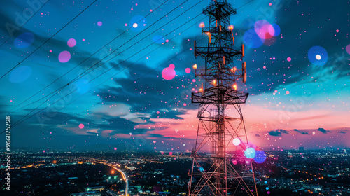 High-tech telecommunications tower at dusk with city lights and digital effects photo