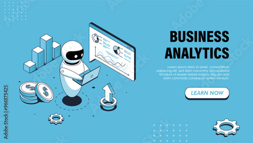 Isometric business analytics poster. Internet bot with graphs, charts and diagrams. Virtual assistant conducts market research. Landing webpage design. Linear vector illustration