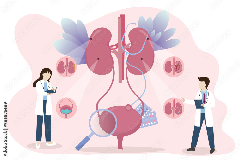 Kidney healthcare vector concept. Doctors search for information to diagnose urinary tract disease. kidney failure, kidney stones, pyelonephritis, Cystitis, Medical concept. Kidney healthcare vector concept. Doctors search for information to diagnose urinary tract disease. kidney failure, kidney stones, pyelonephritis, Cystitis, Medical concept.