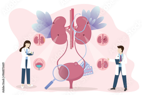 Kidney healthcare vector concept. Doctors search for information to diagnose urinary tract disease. kidney failure, kidney stones, pyelonephritis, Cystitis, Medical concept.	