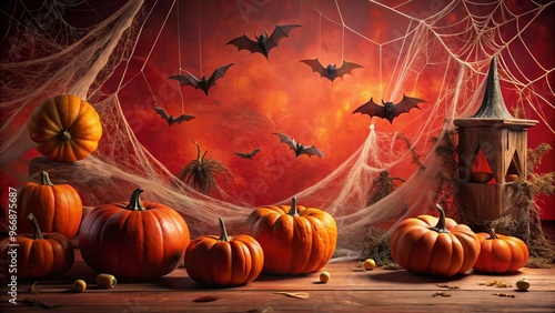 A crimson curtain drapes the unknown, heavy with the weight of cobwebs crawling with silent visitors, while bats photo