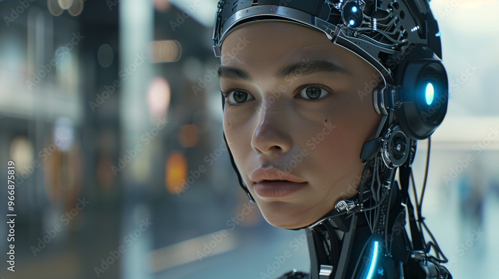 Close-up of female humanoid robot with futuristic cybernetic design Close-up of female humanoid robot with futuristic cybernetic design