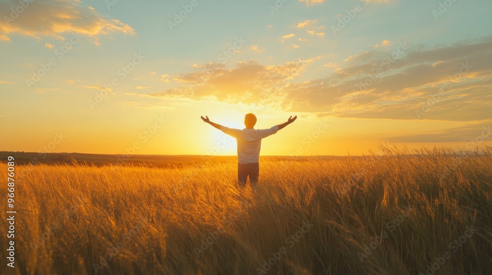 A figure stands in an expansive field during sunset, arms uplifted in a gesture of prayer, capturing a moment of connection with nature and spirituality A figure stands in an expansive field during sunset, arms uplifted in a gesture of prayer, capturing a moment of connection with nature and spirituality