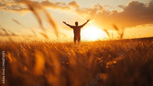 A man stands in a vast open field during sunset, arms lifted in prayer, embracing the warmth of the fading light and the serene atmosphere surrounding him